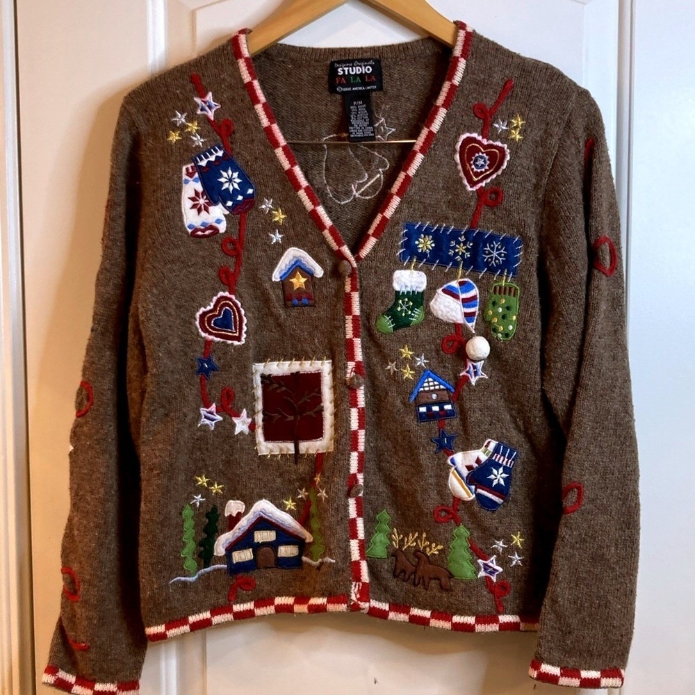 Studio Fa La La Wool Blend Women's Christmas Cardigan Sz Petite Med.Embroidery